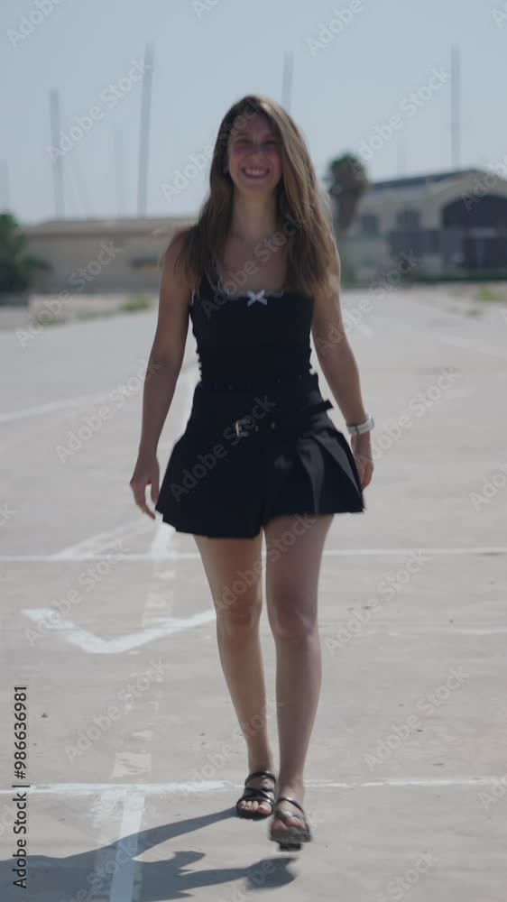 young girl caucasian woman in short black dress walking facing camera in an industrial area on the outskirts near the port clapping clapping hands young girl caucasian woman in short black dress walking facing camera in an industrial area on the outskirts near the port clapping clapping hands