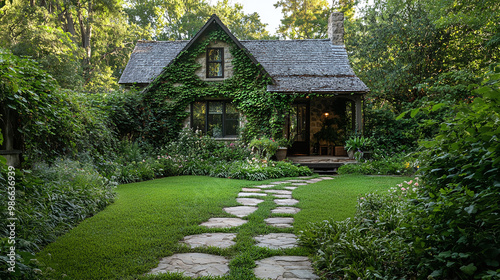  a charming cottage exterior with climbing vines and a natural stone pathway