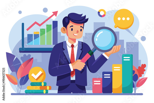 A businessman reviews investment data and charts using a magnifying glass while examining trends, Businessman analyzing investment data with magnifying glass and statistics bar.
