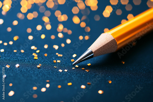 A close-up of a sharpened pencil resting on a dark surface adorned with shimmering golden glitter, perfect for creative inspiration.