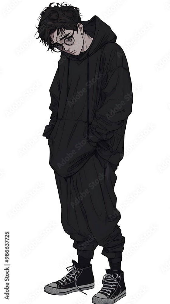 Anime boy in black hoodie and glasses with a sad expression Anime boy in black hoodie and glasses with a sad expression