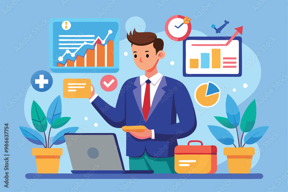 Naklejka premium A businessman reviews and checks off trending items while using a laptop in his office setting, Businessman checking off trending items on a flat illustration.