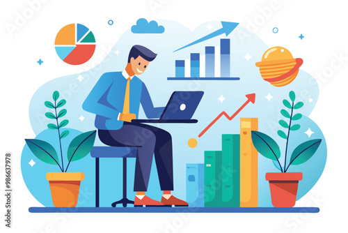 A businessman is focused on filling in growth data on his laptop in a bright, modern office setting, Businessman filling in growth data column in flat illustration.