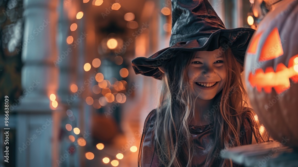 Little girl in witch costume standing in front of a decorated house. Little girl in witch costume standing in front of a decorated house.