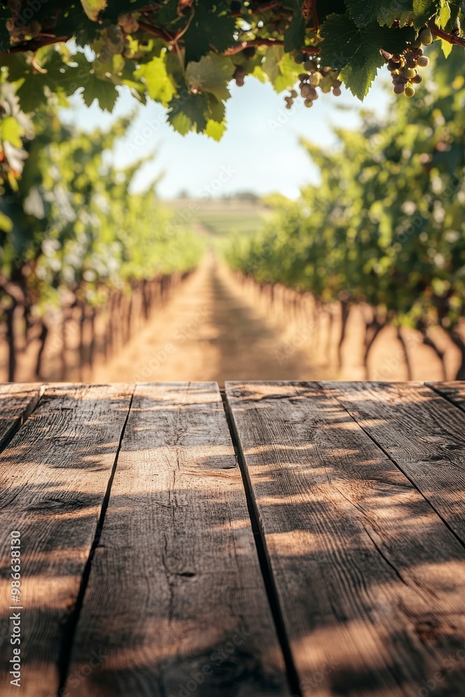 Fototapeta premium Stunning wooden table top surrounded by a blurred vineyard landscape in vibrant colors