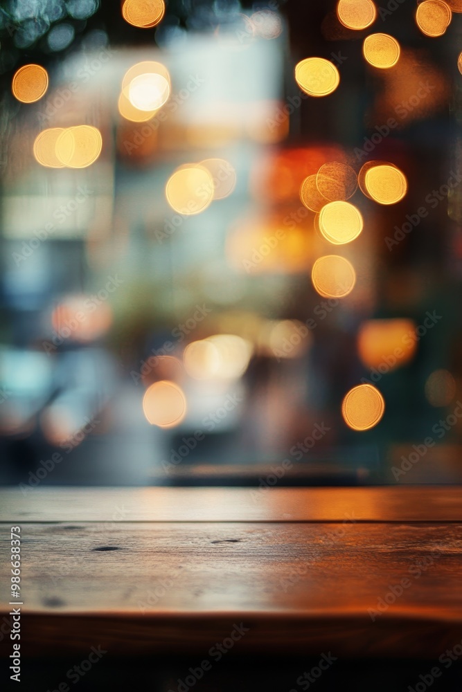 Showcase your product on an empty table with a blurred cafe background and golden bokeh effect