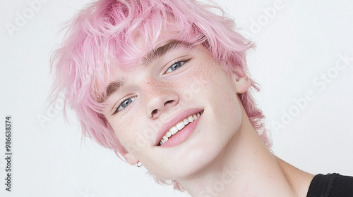 a pink-haired young man's expressive eyes and smile