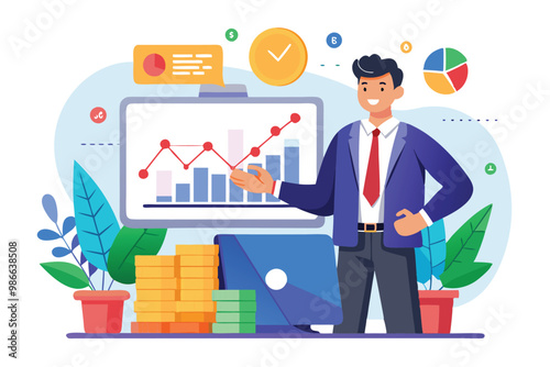 A businessman reviews financial data on a screen, assessing profits and investments in a vibrant office, Businessman invests capital and analyzes profit graph for stock trading investment.
