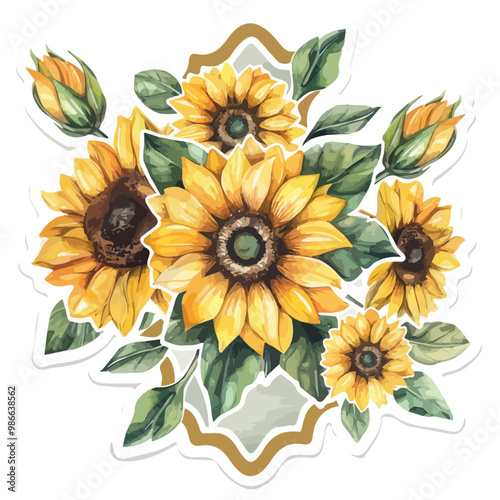 Watercolor Sunflower labels in flat paper design, a branch of sunflowers in watercolor style, vector format, flower labels, stickers, flowers set