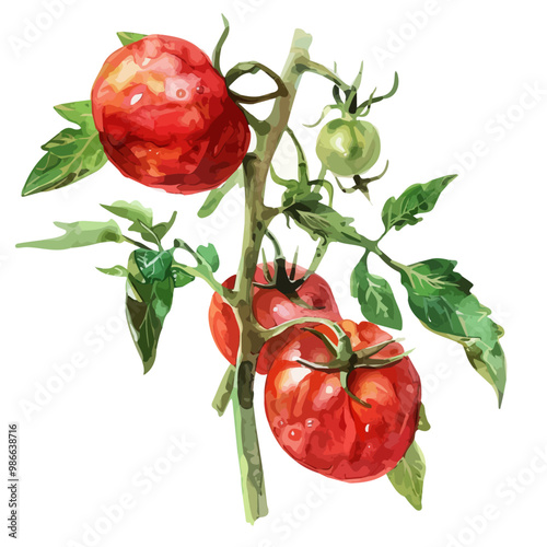 Watercolor Fresh ripe cherry tomatoes on the branch. Hand-drawn watercolor illustration isolated on a white background, slice tomato, red tomato, vector, red tomato set