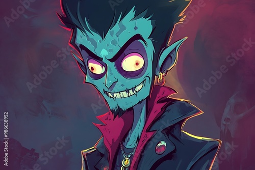 Evil blue skinned cartoon character with sharp teeth and piercing eyes. Scary, dark, funny. photo