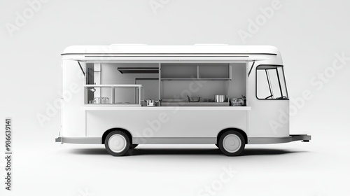 Sleek, monochrome food truck with a large open window, small details like kitchen utensils visible inside, set on a plain white background.