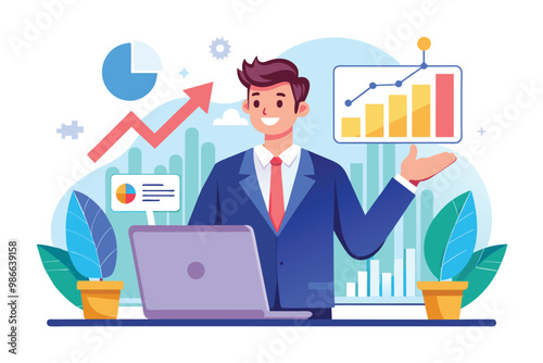 A businessman presents growth data on a laptop while discussing performance metrics in an office, Businessman presenting growth data on laptop, flat illustration.