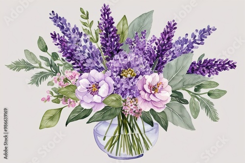 Fototapeta Naklejka Na Ścianę i Meble -  Lavender and Sage Watercolor Botanical Art Bouquet Featuring Lilac and Light Pink Flowers for Home Decor and Gifts
