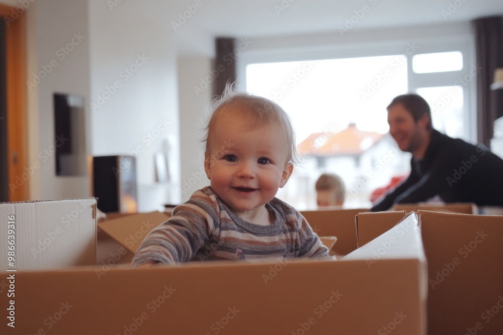 A Toddler Boy Smiles While Playing in a Cardboard Box A Toddler Boy Smiles While Playing in a Cardboard Box
