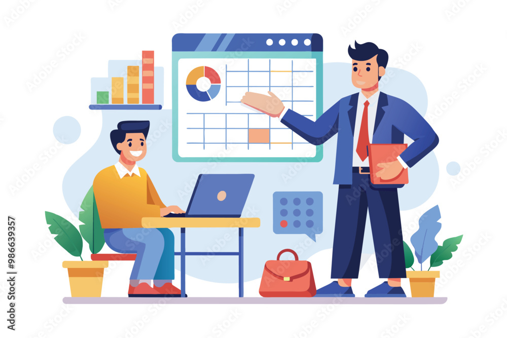 A businessman discusses project updates with a colleague at a desk, utilizing a calendar and charts, Businessman presenting with calendar and message icon, flat illustration. A businessman discusses project updates with a colleague at a desk, utilizing a calendar and charts, Businessman presenting with calendar and message icon, flat illustration.
