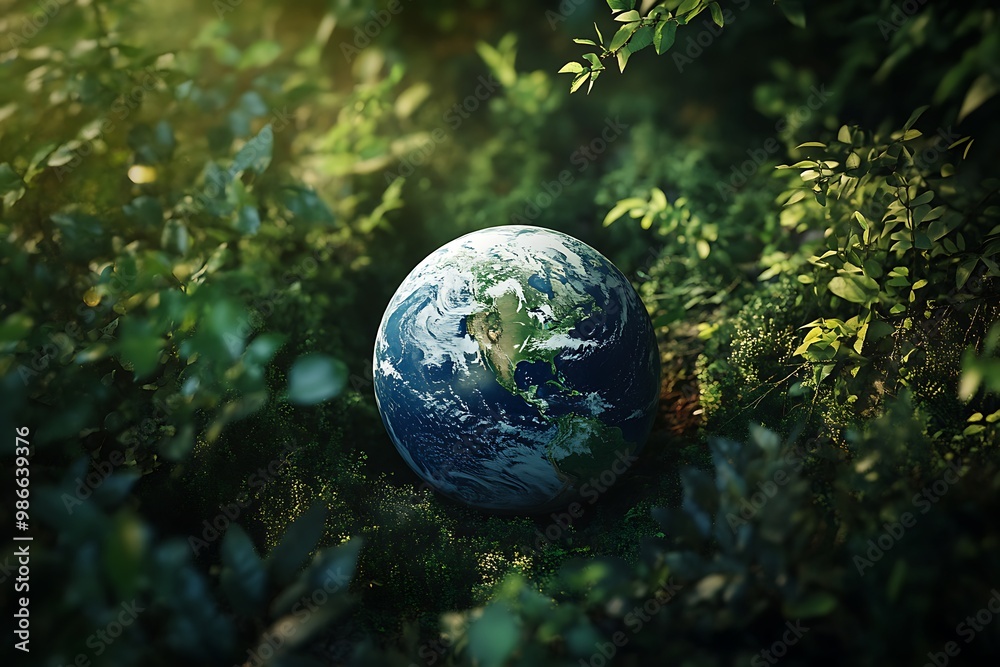 Earth globe surrounded by green leaves, environmental concept Earth globe surrounded by green leaves, environmental concept