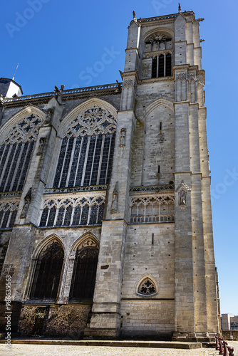 Architectural fragments of Le Mans Roman Catholic cathedral of Saint Julien (Cathedrale St-Julien du Mans, VI - XIV century). Le Mans, Pays de la Loire region in France. photo