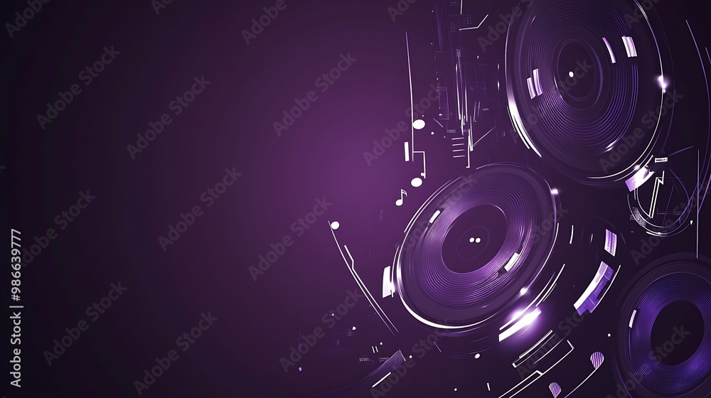 Obraz premium Abstract purple background with three stylized speakers, creating a futuristic and musical design.