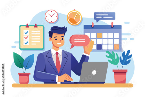 A businessman is at his desk with a laptop, scheduling a meeting while surrounded by plants and clocks, Businessman scheduling meeting, flat illustration.