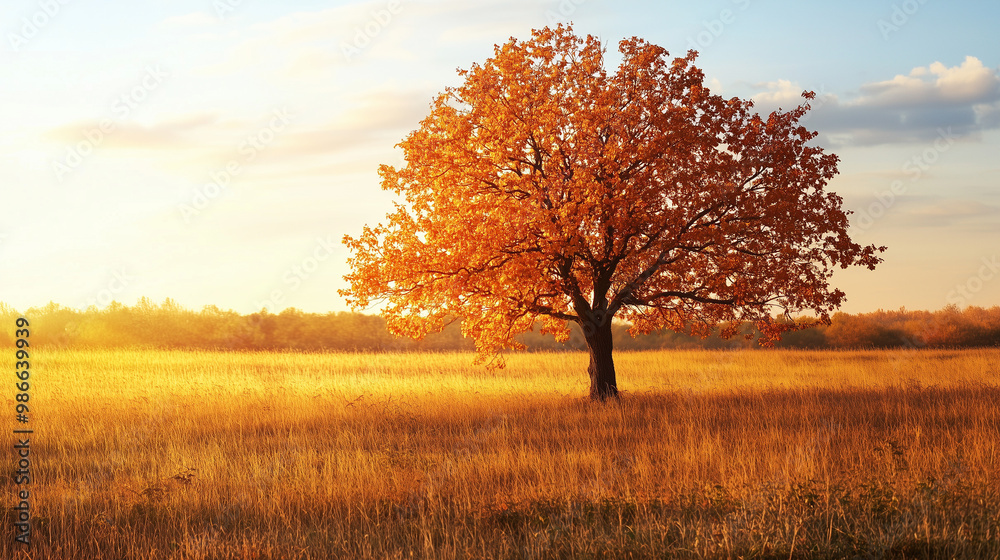 Lone autumn tree in vast field at sunrise