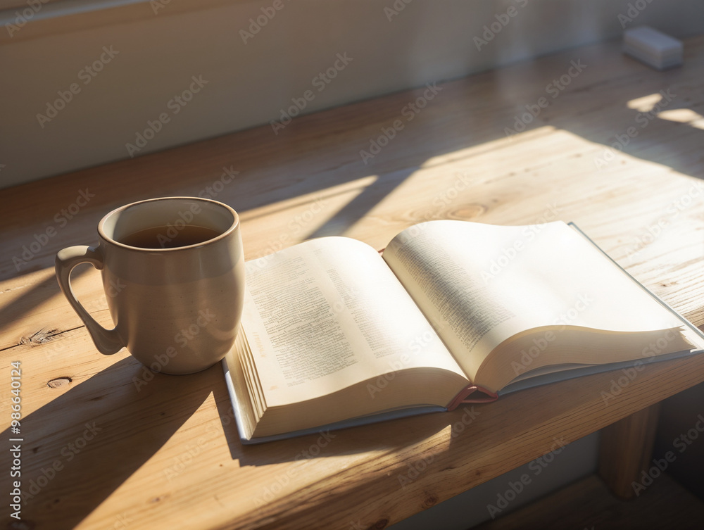 Open Book with Coffee Mug on Sunlit Wooden Table with Copy Space Open Book with Coffee Mug on Sunlit Wooden Table with Copy Space