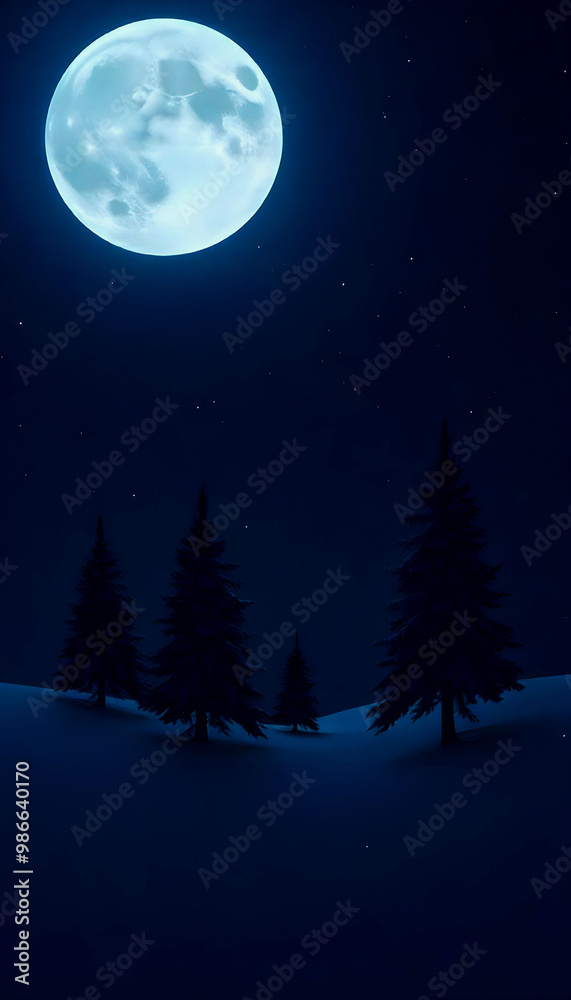 Fototapeta premium A dark minimalistic scene featuring a moonlit snowy landscape, creating a serene and tranquil atmosphere, with soft shadows and a tranquil ambiance