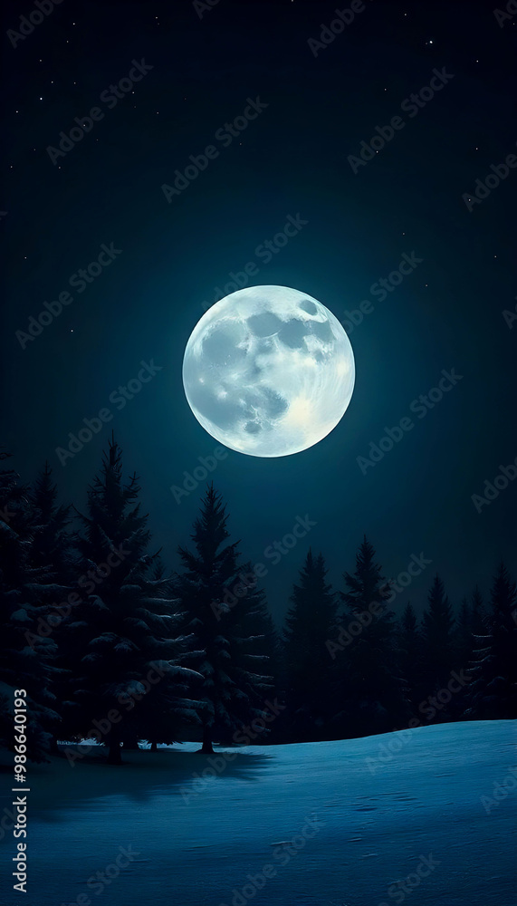 Fototapeta premium A dark minimalistic scene featuring a moonlit snowy landscape, creating a serene and tranquil atmosphere, with soft shadows and a tranquil ambiance