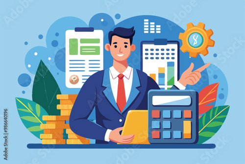A businessman is focused on using a calculator to tally sales while assessing financial data, Businessman using calculator to count sales, flat illustration
