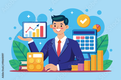 A businessman is calculating sales figures with a calculator while analyzing charts and coin stacks, Businessman using calculator to count sales, flat illustration