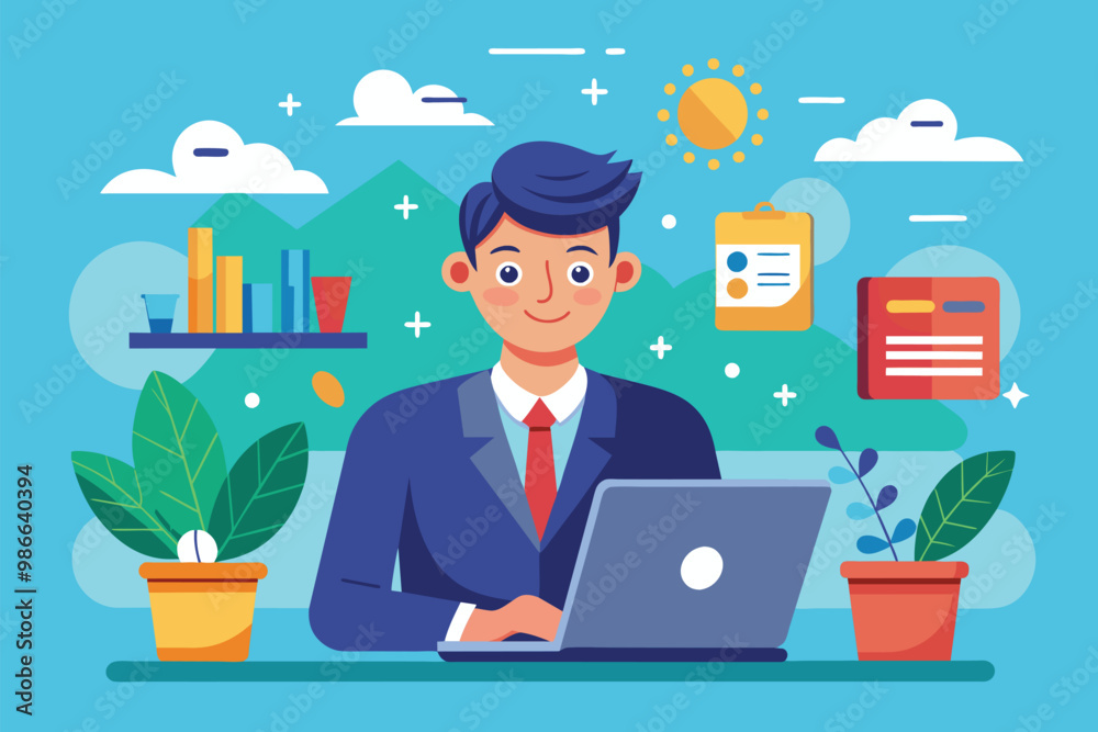 A businessman is focused on entering data into his laptop at a desk surrounded by plants and decorations, Businessman using laptop and entering data, flat illustration. A businessman is focused on entering data into his laptop at a desk surrounded by plants and decorations, Businessman using laptop and entering data, flat illustration.