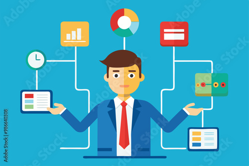 A businessman reviews a flowchart and data visualizations, showcasing analytical skills at work, Businessman using flowchart and data, simple illustration.