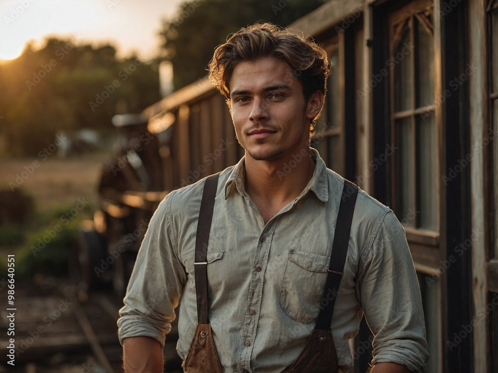 A young Victorian age worker poses near a train in the countryside during sunset, capturing the essence of hard work and tradition.