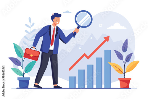 A businessman examines market trends using a magnifying glass, surrounded by plant decor and graphs, Businessman using magnifying glass to analyze flat trending graph illustration.