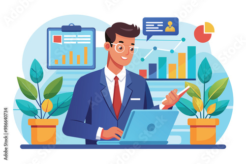 A businessman is focused on analyzing data with a tablet while working on his laptop in an office, Businessman using tablet and computer to analyze sales data.