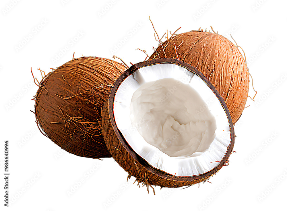 Coconuts whole and halved revealing the white flesh and coconut water Coconuts whole and halved revealing the white flesh and coconut water