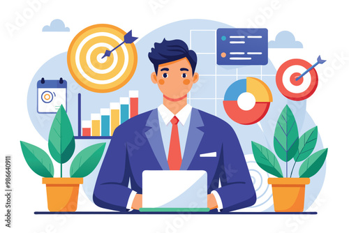 A businessman studies data visuals and targets while working on a laptop surrounded by plants, Businessman with data and targets, flat illustration.