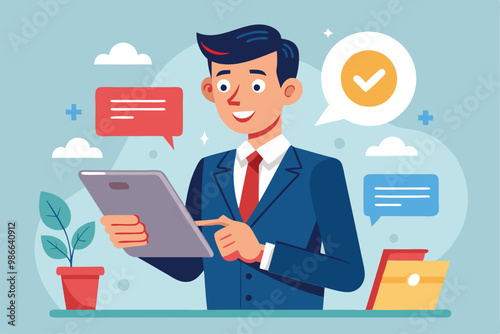 A businessman actively checks his tablet for trending notifications while in a contemporary office, Businessman using tablet with trending notification, simple illustration.