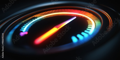 A digital speedometer with a red, yellow, and blue line photo