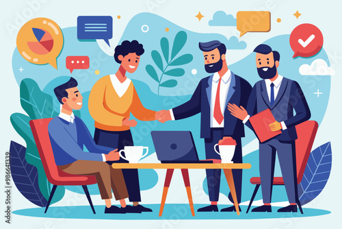 Two businessmen finalize a brand management deal while another observes in a bright office environment, Businessmen making an agreement for a brand management company collaboration.