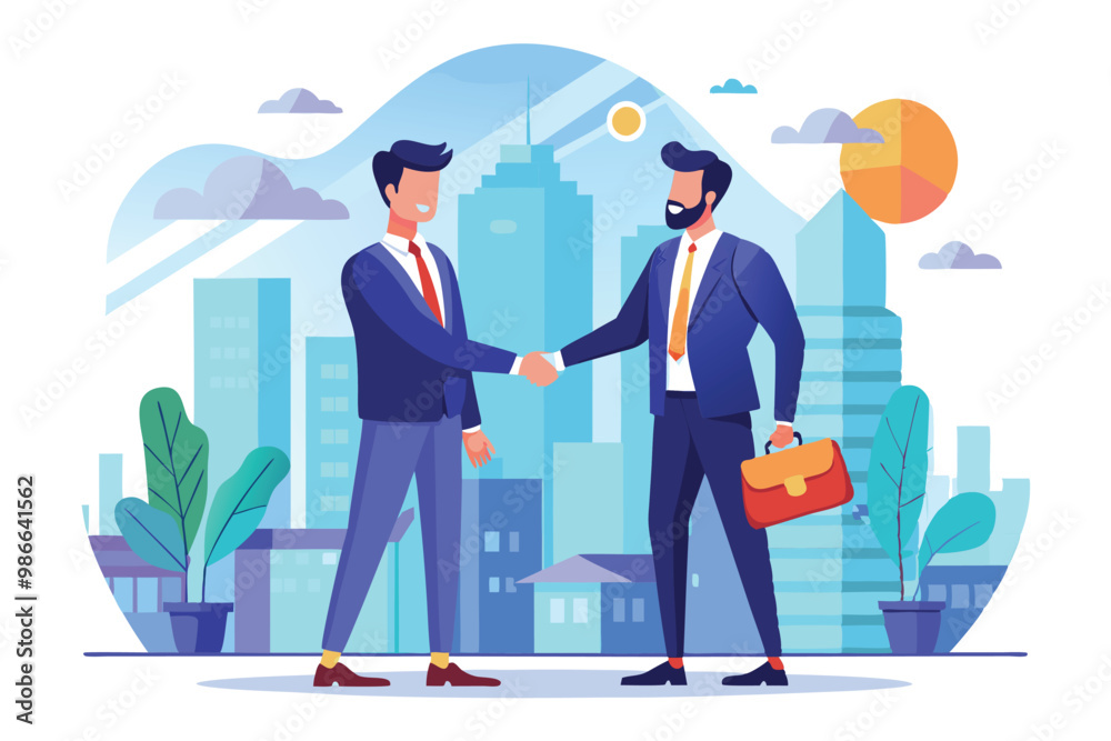 Two businessmen greet each other with a handshake, showcasing collaboration in an urban setting, Businessmen shaking hands in a trending, flat illustration. Two businessmen greet each other with a handshake, showcasing collaboration in an urban setting, Businessmen shaking hands in a trending, flat illustration.