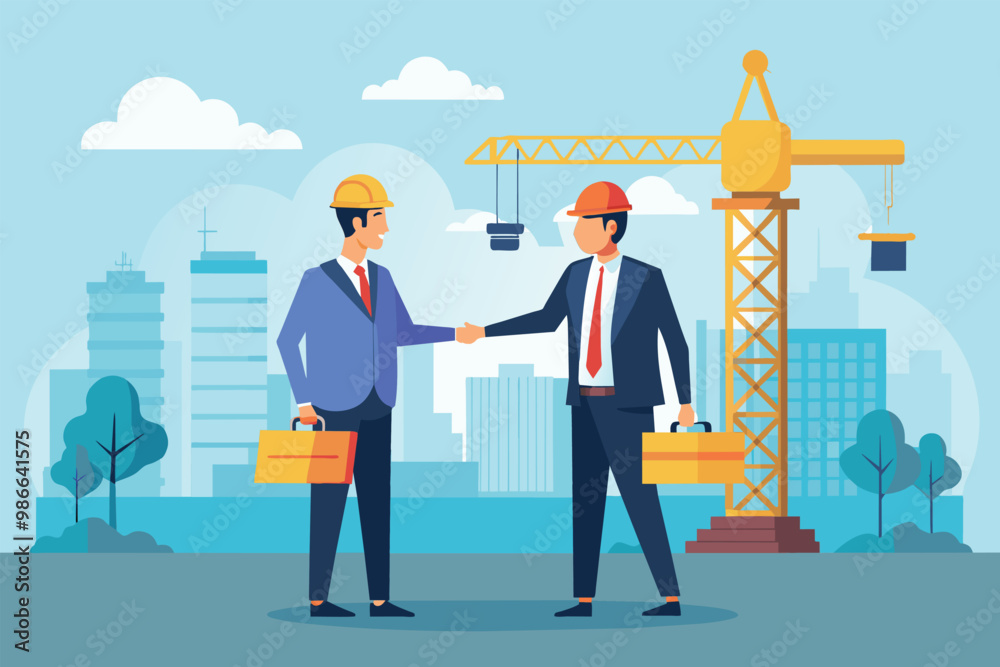 Businessmen engaged in a handshake at a construction site with a crane in the background, Businessmen shaking hands with a construction crane in the background, depicted in a flat illustration. Businessmen engaged in a handshake at a construction site with a crane in the background, Businessmen shaking hands with a construction crane in the background, depicted in a flat illustration.