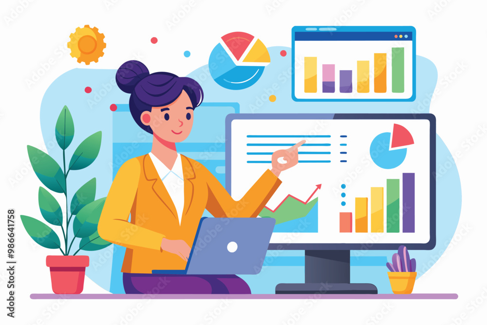 A businesswoman examines various data visualizations on her computer while seated at her desk, Businesswoman analyzing data on a screen, simple illustration. A businesswoman examines various data visualizations on her computer while seated at her desk, Businesswoman analyzing data on a screen, simple illustration.