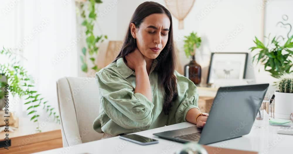 Frustrated woman, laptop and neck pain with stress for deadline, pressure or muscle tension at office. Young, female person or employee with injury, sore ache or inflammation in fatigue at workplace Frustrated woman, laptop and neck pain with stress for deadline, pressure or muscle tension at office. Young, female person or employee with injury, sore ache or inflammation in fatigue at workplace