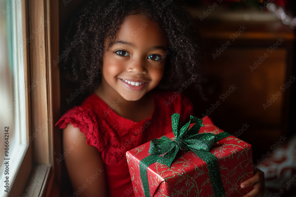 Joyful African American Girl Holding Wrapped Christmas Present
