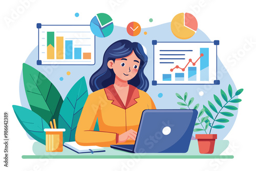 A focused businesswoman studies data on her laptop surrounded by charts and greenery in a bright office setting, Businesswoman studying data, flat design