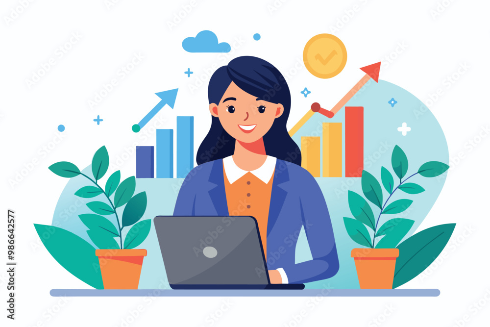 Businesswoman working on a laptop, showcasing progress in an office, Businesswoman with laptop symbolizing progress in business growth and development, depicted in a flat illustration. Businesswoman working on a laptop, showcasing progress in an office, Businesswoman with laptop symbolizing progress in business growth and development, depicted in a flat illustration.