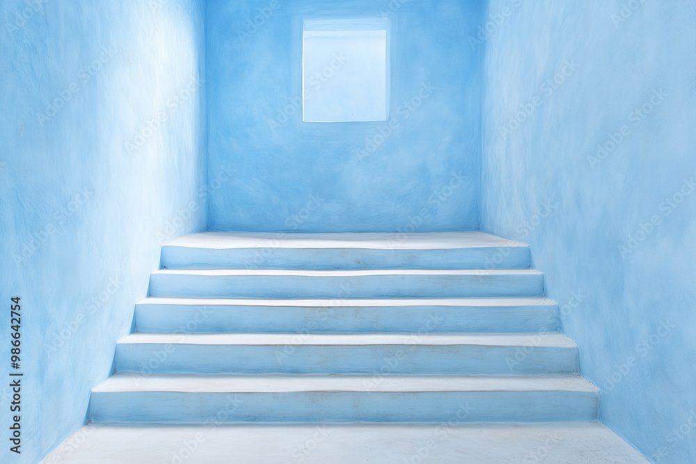 Fototapeta premium Staircase leading to a small window in a serene blue-painted wall setting
