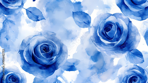 Fototapeta Naklejka Na Ścianę i Meble -  Seamless pattern of abstract blue roses and floral elements painted in watercolor. Abstract Patterns. Illustration