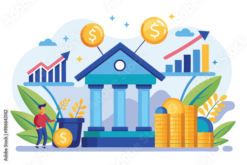 A simple illustration depicts the concept of bank money growth with charts, coins, and a growing plant, Calculating bank money growth, simple illustration